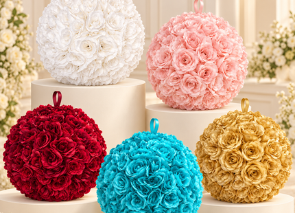 Flower balls in multiple colors styled on event display risers
