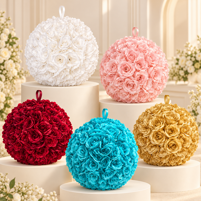 Flower balls in multiple colors styled on event display risers