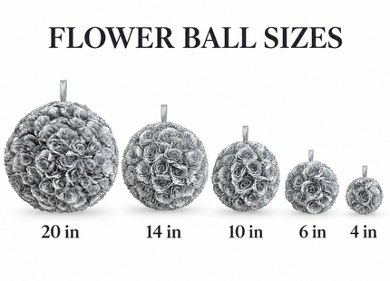 Size comparison of silver flower balls, labeled 20, 14, 10, 6 and 4 inches