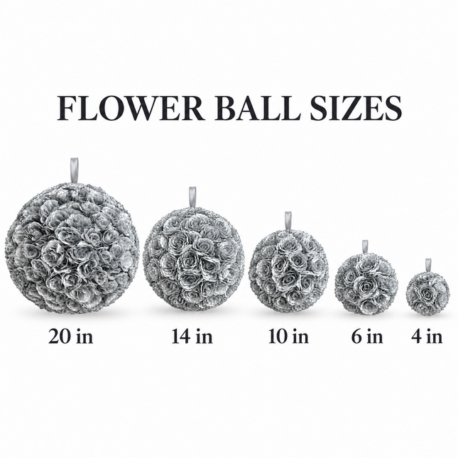 Size comparison of silver flower balls, labeled 20, 14, 10, 6 and 4 inches
