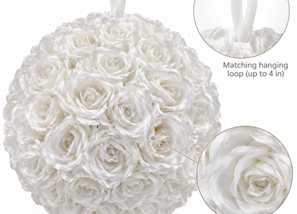 Layered white artificial rose ball with ribbon loop detail