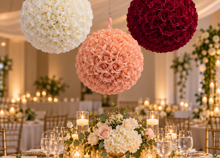 Flower balls hanging above wedding reception table, example use