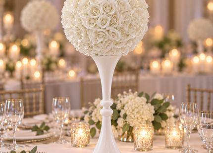 White flower ball displayed on separate centerpiece stand, example use