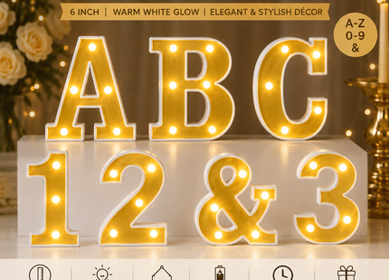 Gold LED Marquee Letter & Number Lights – 6 Inch Alphabet & Number Tabletop Signs