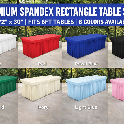 Spandex Rectangle Table Skirt – 72” x 30” | Fits 6FT Tables | Multiple Colors