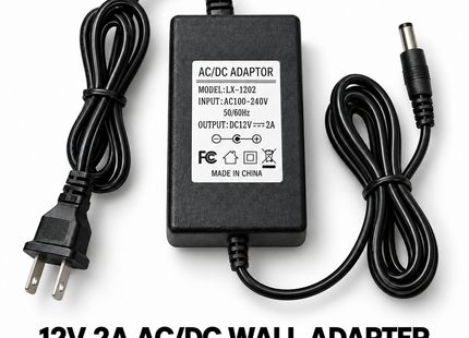 12V 2A AC/DC wall adapter: US two-prong plug, DC barrel plug, 54-inch cord