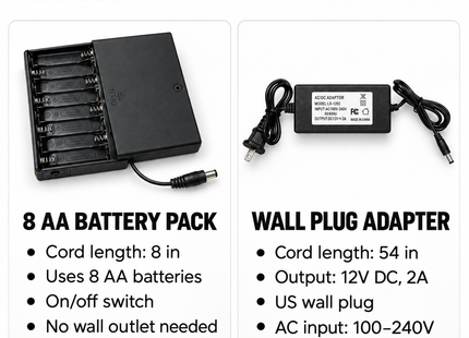 Specifications for both 12V LED sign power options: battery pack and wall adapter