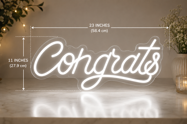 LED Neon Congrats & Grad Sign – Acrylic Glass White LED Hanging Party Decor