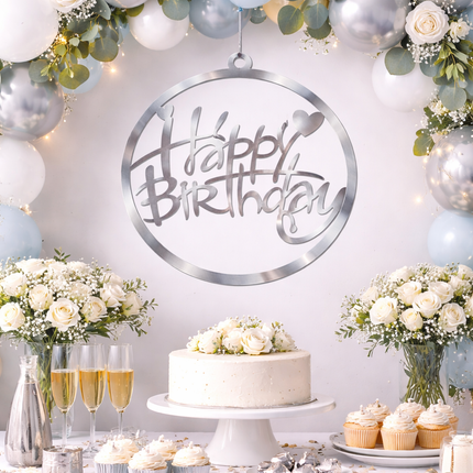 Acrylic Happy Birthday Hanging Sign – Gold or Silver Party Decor (12” or 17”)