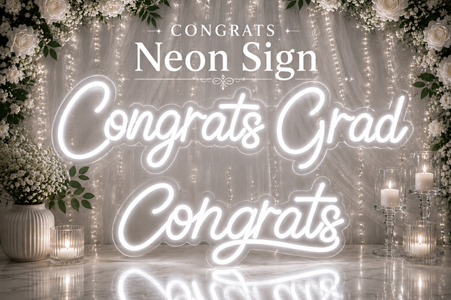 LED Neon Congrats & Grad Sign – Acrylic Glass White LED Hanging Party Decor