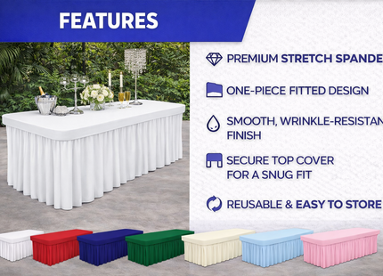 Spandex Rectangle Table Skirt – 72” x 30” | Fits 6FT Tables | Multiple Colors