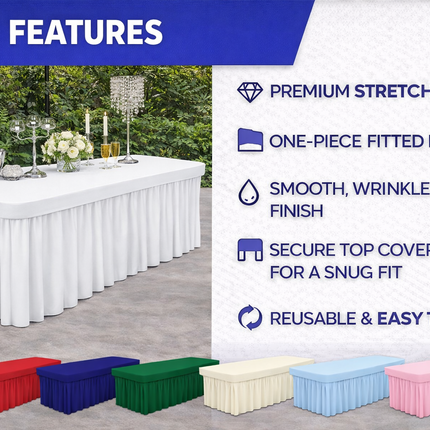 Spandex Rectangle Table Skirt – 72” x 30” | Fits 6FT Tables | Multiple Colors