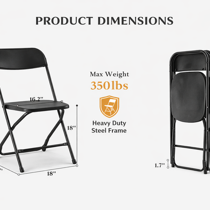 Heavy Duty Folding Chairs – Black or White Event Seating – 350 lb Capacity Portable Metal Frame Chairs for Parties, Weddings & Gatherings
