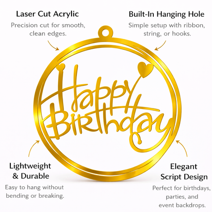 Acrylic Happy Birthday Hanging Sign – Gold or Silver Party Decor (12” or 17”)