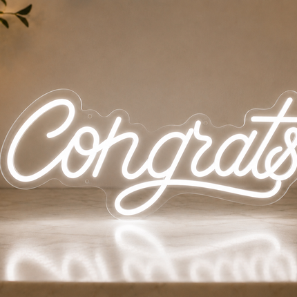 LED Neon Congrats & Grad Sign – Acrylic Glass White LED Hanging Party Decor