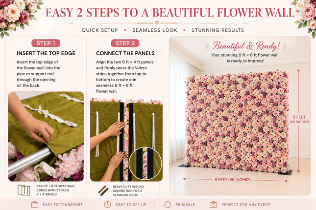 8x8 Artificial Flower Wall Backdrop – Luxury Wedding & Event Floral Wall