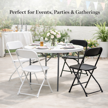 Heavy Duty Folding Chairs – Black or White Event Seating – 350 lb Capacity Portable Metal Frame Chairs for Parties, Weddings & Gatherings