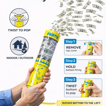 Money Confetti Party Popper Cannon - Twist-to-pop Design Lightweight Easy to Use Indoor & Outdoor Fun Money Shower Effect Perfect for Parties & Events