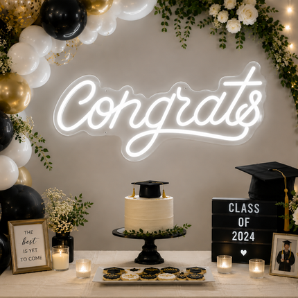 LED Neon Congrats & Grad Sign – Acrylic Glass White LED Hanging Party Decor