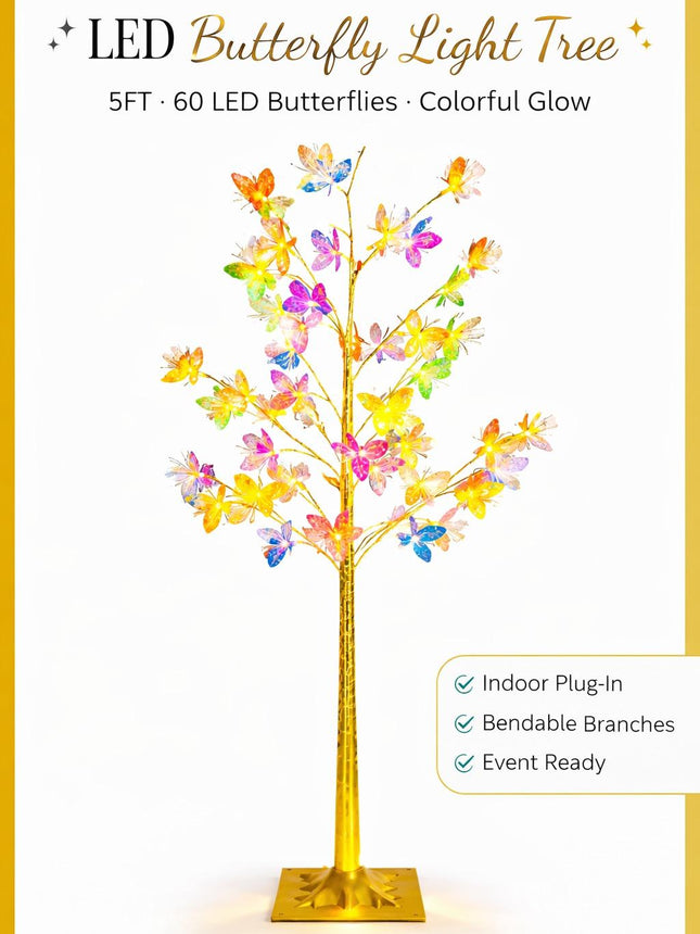 5FT LED Butterfly Light Tree Multicolor Event Decor 60 LED Lights Translucent Wings Warm Glow Adjustable Branches Indoor Outdoor Use