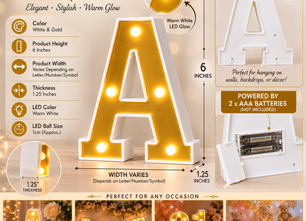 Gold LED Marquee Letter & Number Lights – 6 Inch Alphabet & Number Tabletop Signs