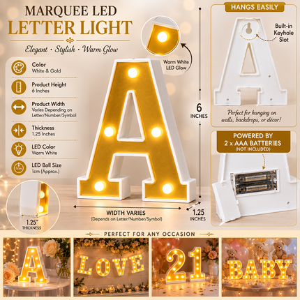Gold LED Marquee Letter & Number Lights – 6 Inch Alphabet & Number Tabletop Signs