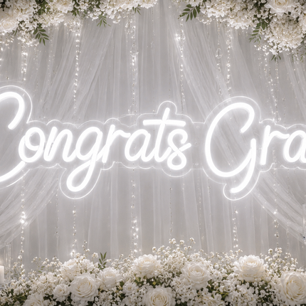 LED Neon Congrats & Grad Sign – Acrylic Glass White LED Hanging Party Decor
