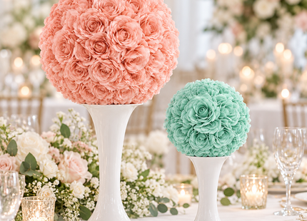 Illustrative centerpiece display with 10-inch Peach and 6-inch Mint flower balls; stands not included