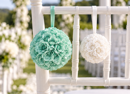 Illustrative chair display with 6-inch Mint and 4-inch White flower balls