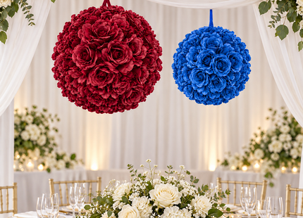 Illustrative hanging display of 20-inch Burgundy and 14-inch Royal Blue flower balls; decorations not included