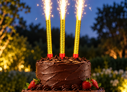 Illustrative gold fountain candle display on a two-tier chocolate cake