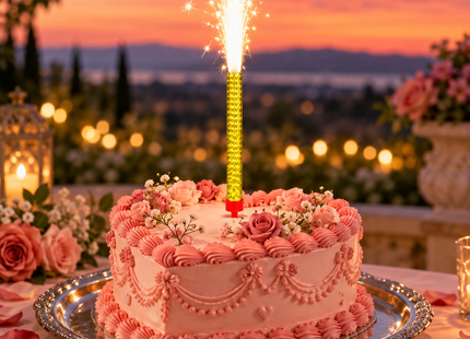 Illustrative gold fountain candle display on a pink heart cake