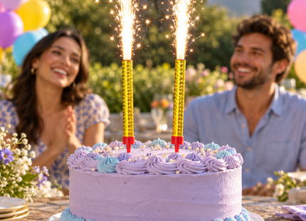 Illustrative outdoor birthday cake display with lavender frosting and gold fountain candles