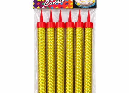 Sealed retail pack containing six gold birthday fountain candles
