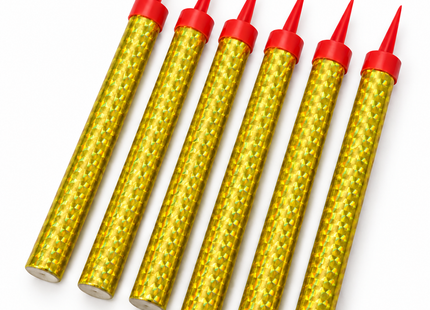 Six gold holographic birthday fountain candles on a white background
