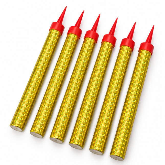 Six gold holographic birthday fountain candles on a white background