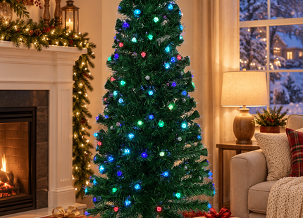 Illustrative living room scene with the pre-lit multicolor Christmas tree and wrapped presents; presents and room decor not included